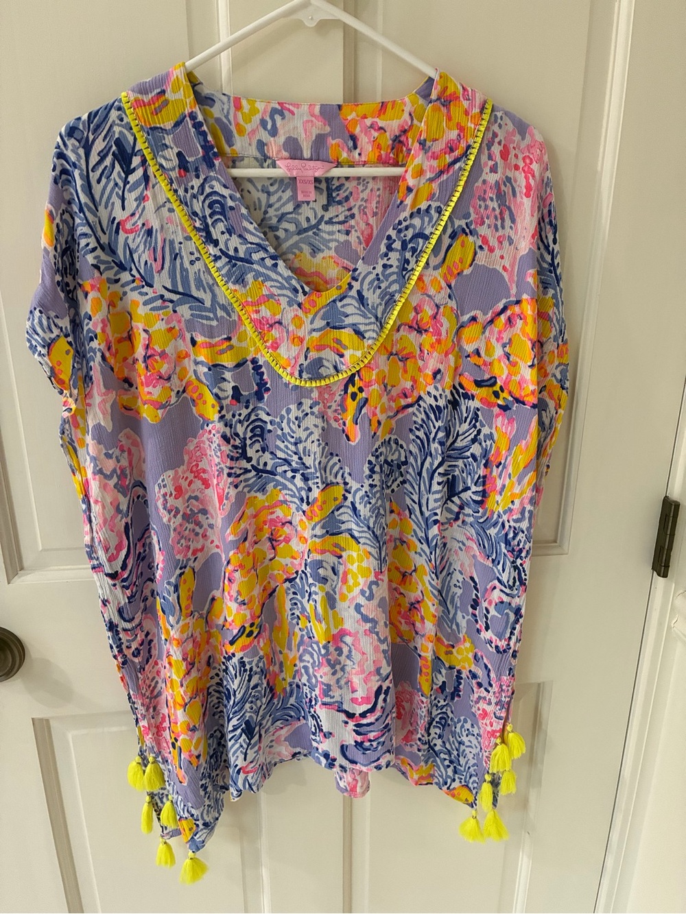 Lilly Pulitzer ‘So Snappy’  FloralSwim coverup with Yellow Tassels ($138) XS